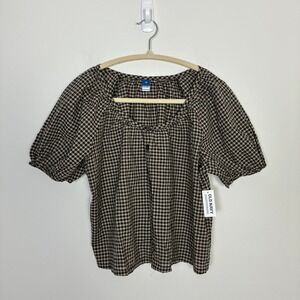 Old Navy Airy Button Down Top Womens XS Gingham Puff Sleeve Blouse Cottage NWT